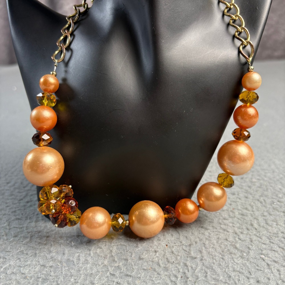 Chunky Peach Faux Pearl & Amber Crystal Statement Necklace Gold Tone 19.5in